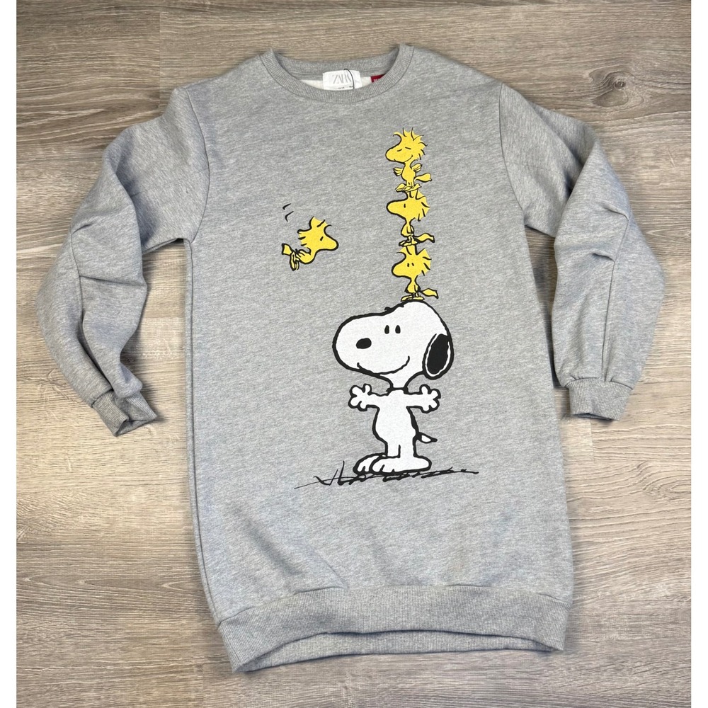 Zara Kids Peanuts Snoopy Woodstock Sweatshirt Dress Gray Size 13-14 164cm NWT